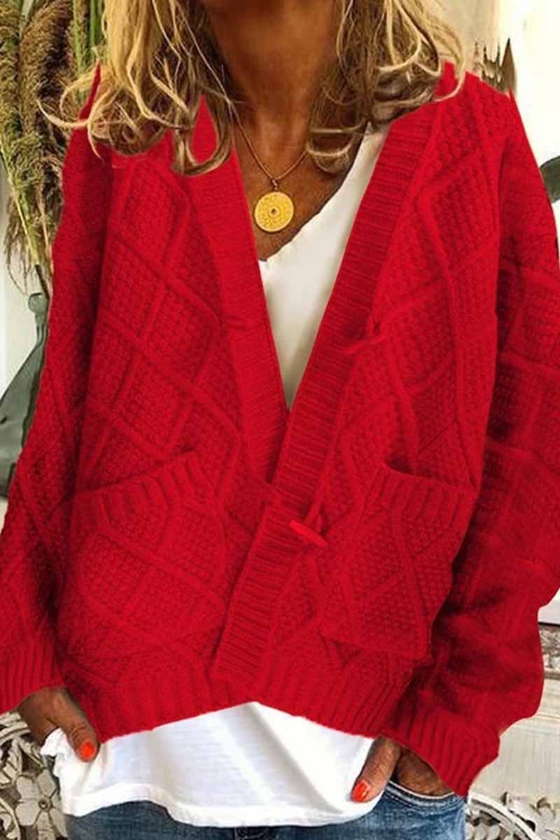 Ribbed Horn Buckle Pockets Cardigan(4 Colors)