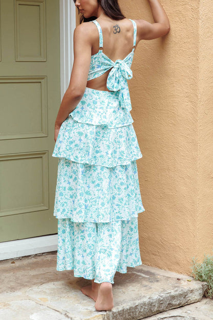 Print Tie-up Tiered Midi Dress