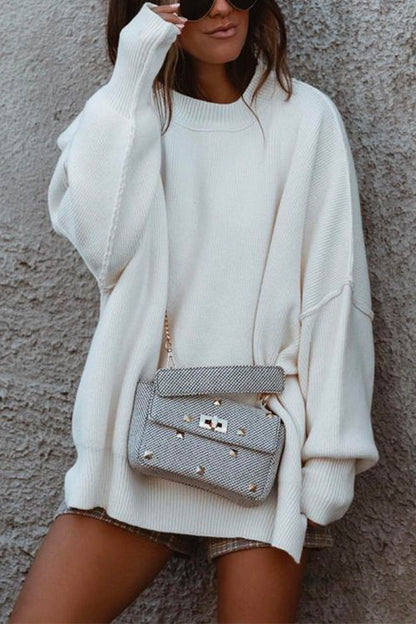 Crewneck Side Split Ribbed Knit Sweater