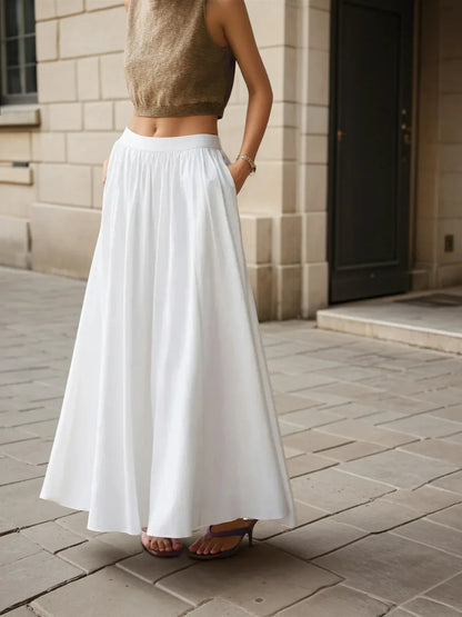 High Waist All-matching Linen Pleated Maxi Skirt