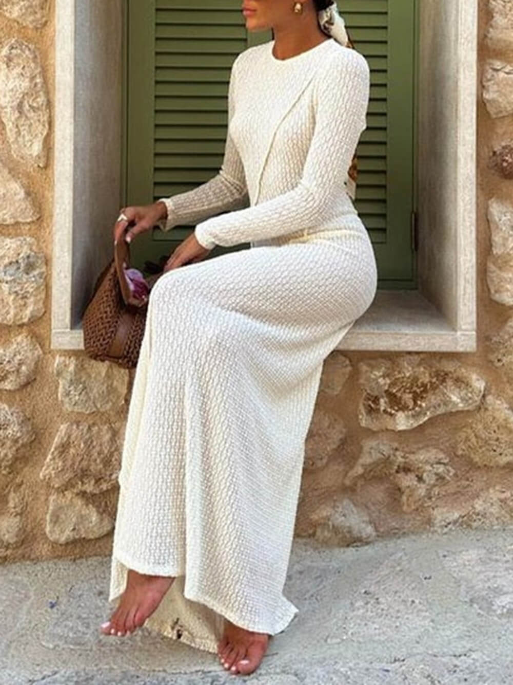 Jacquard Backless Paneled Long-sleeved Maxi Dress