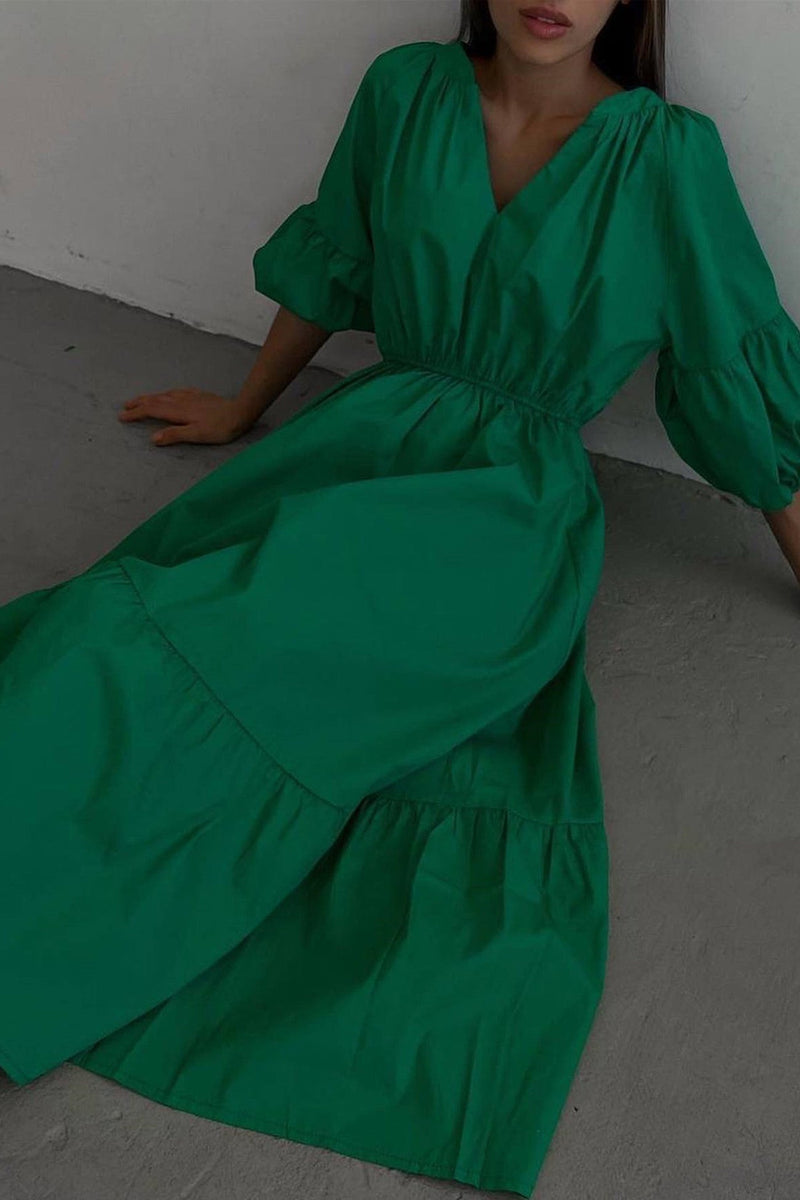 Half Sleeve V Neck High Waist Midi Dress