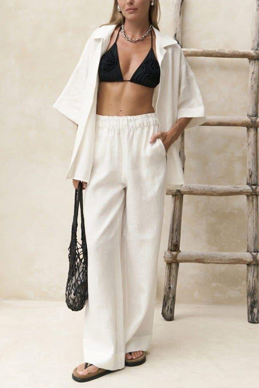 Color Cotton Half Sleeve Blouse Pants Set