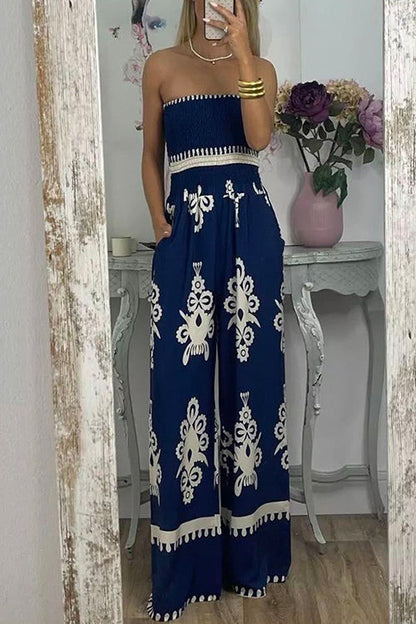 Off Shoulder Smocked High Waist Wide Leg Printed Jumpsuit