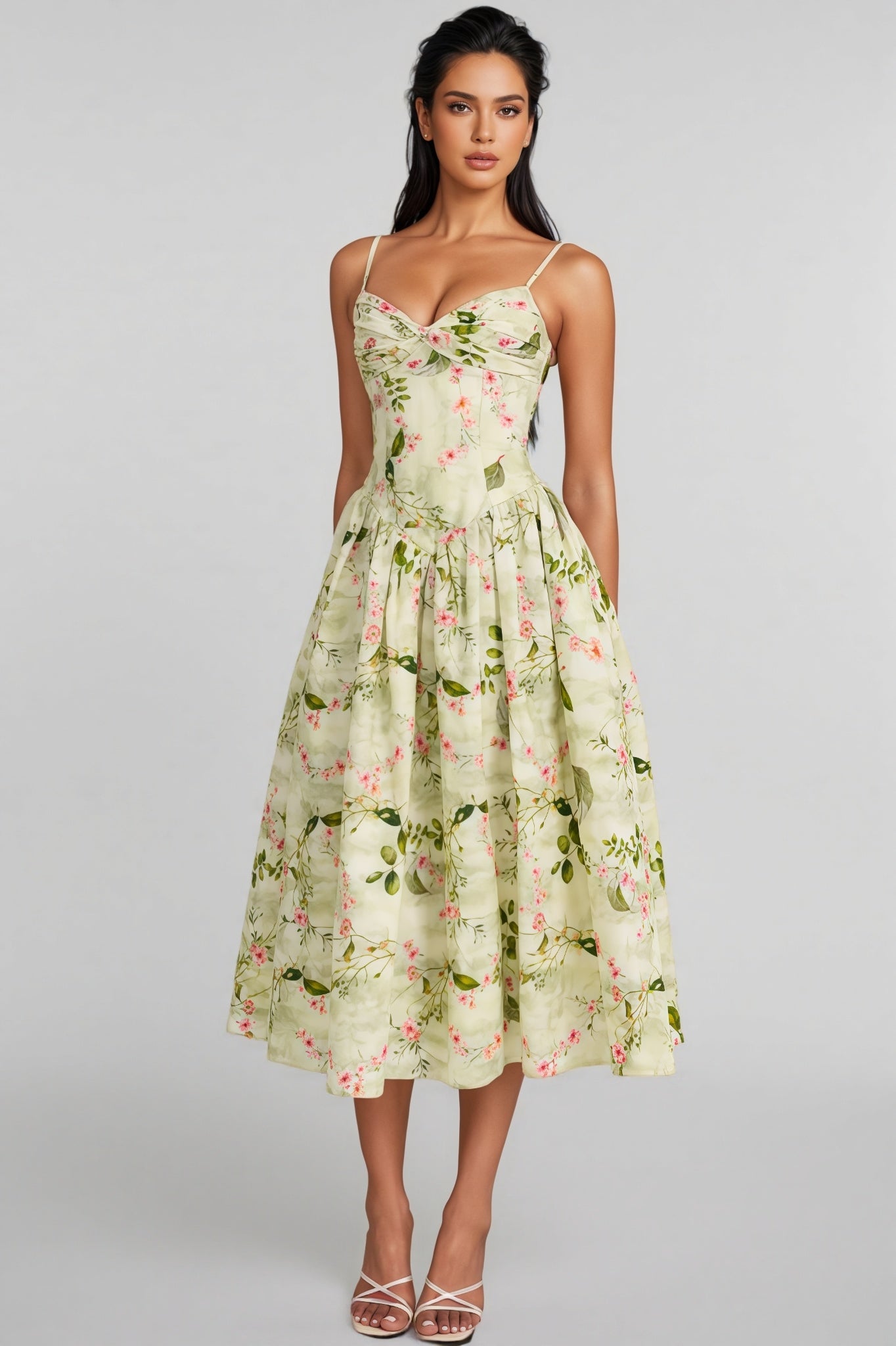 Raleign Green Print Ruched Midi Dress