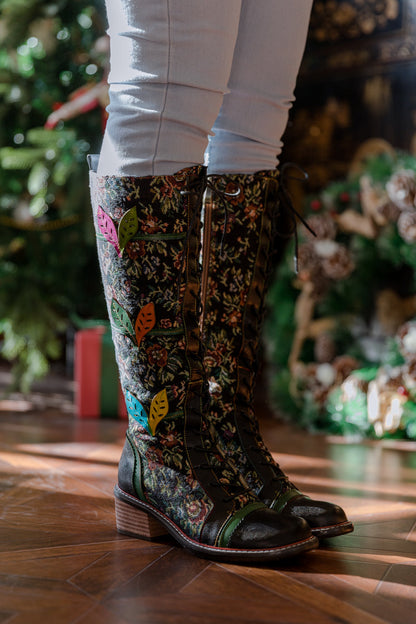 Soffia | Patchwork Applique Leather Canvas Boot