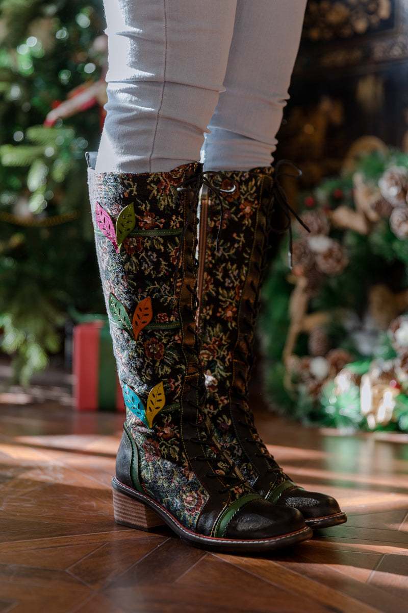 Soffia | Patchwork Applique Leather Canvas Boot