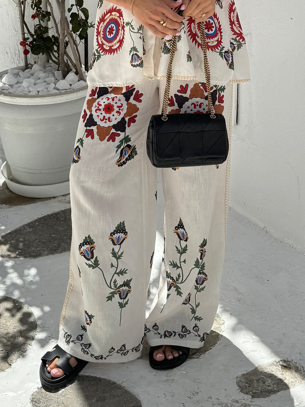 Unique and Exquisite Print Elastic Waist Pocket Wide Leg Pants