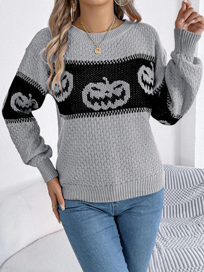 Halloween Pumpkin Head Color-block Crew Neck Knit Sweater
