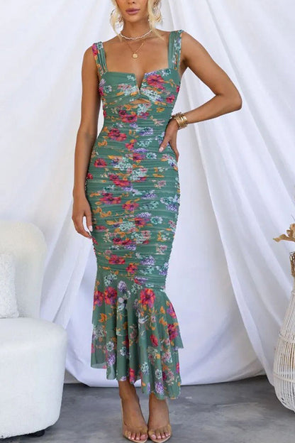 Print Ruched Fishtail Dress