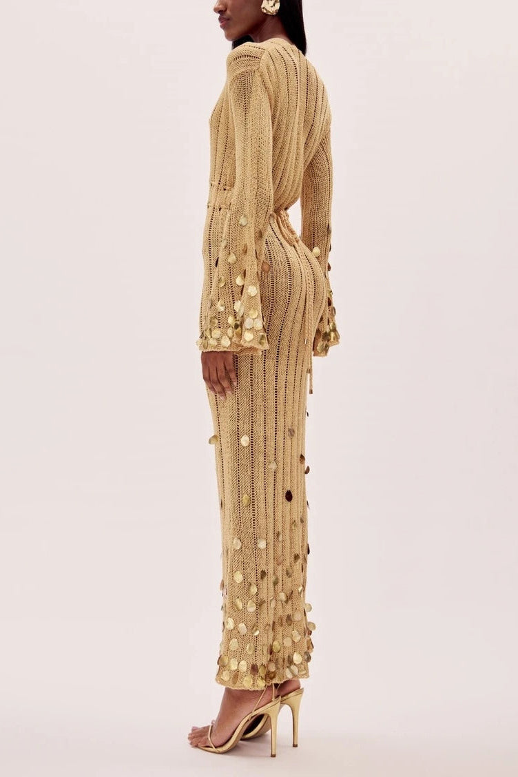 Gold Sequin Knit Maxi Dress