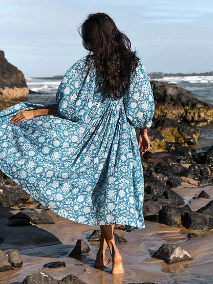 Azure Bloom - Balloon Sleeve Midi Dress