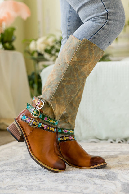 Soffia | Tri-strap Canvas Leather Knee High Boot
