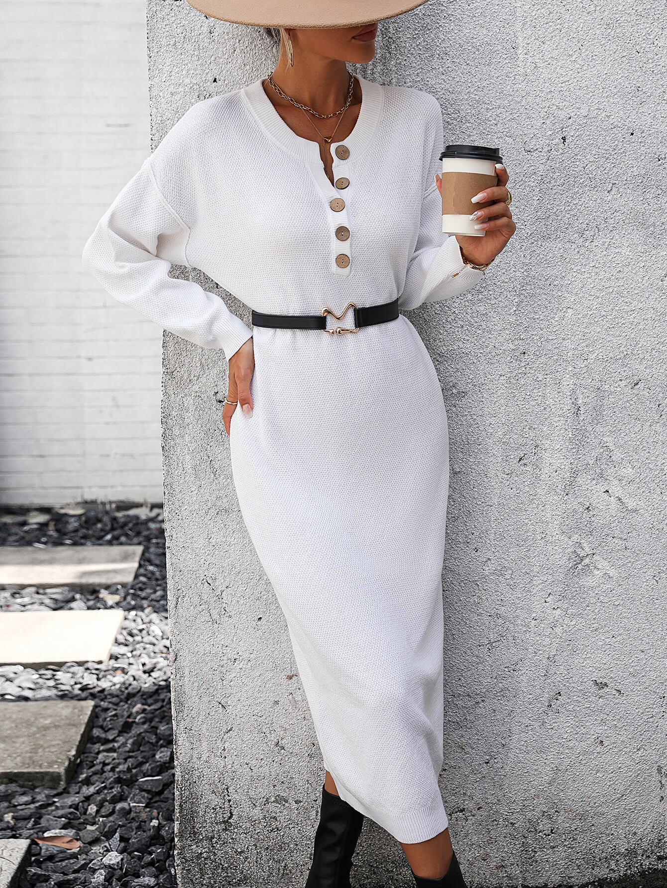 Massey Knit Midi Sweater Dress - White