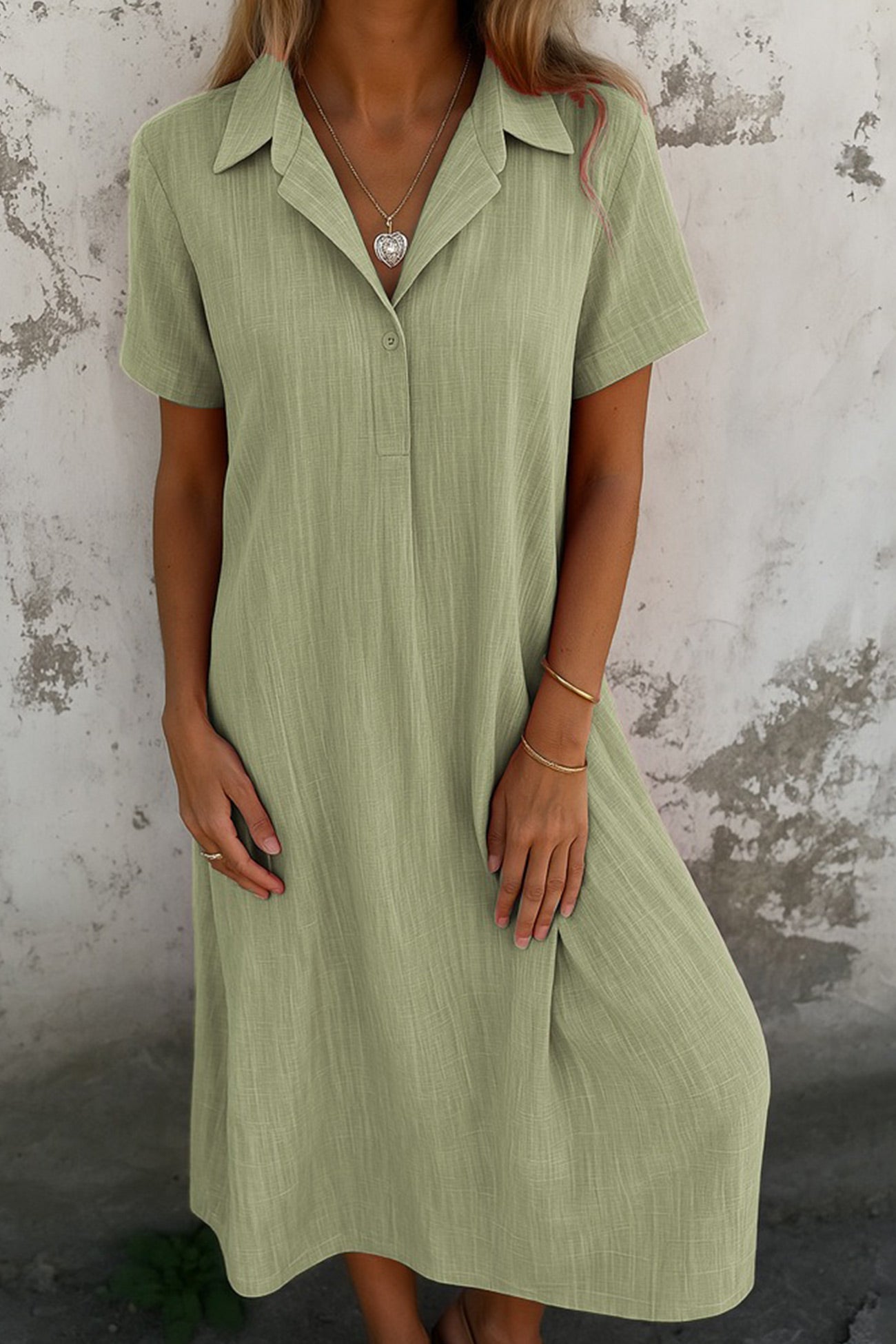 V-neck Color Short-sleeve Shirt Dress