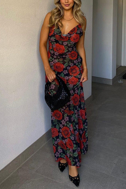 Adjustable Strap Backless Rose Print Maxi Dress