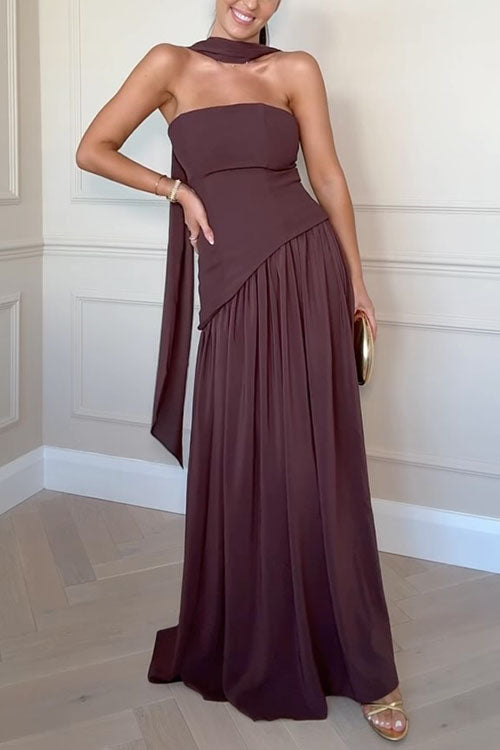Moxidress Strapless Back Lace-up High Slit Splice Maxi Dress