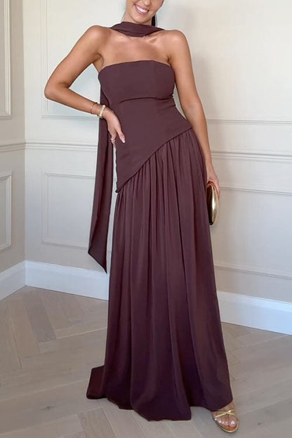 Moxidress Strapless Back Lace-up High Slit Splice Maxi Dress