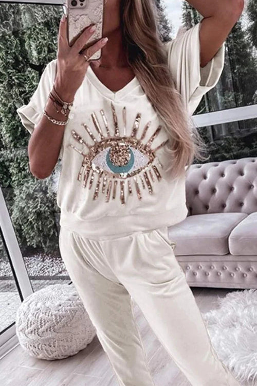 Sequin Pattern V Neck Short Sleeve Top With Pocketed Pants Set