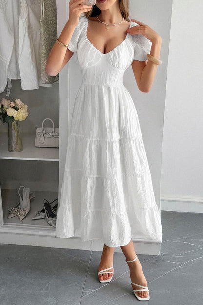 Low Cut Puff Sleeve Backless Tiered Dress