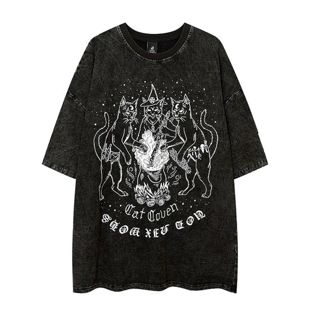 Punk Dull Sandstorm Design Cat Print Short Sleeve T-shirt