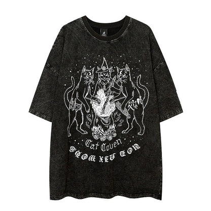 Punk Dull Sandstorm Design Cat Print Short Sleeve T-shirt