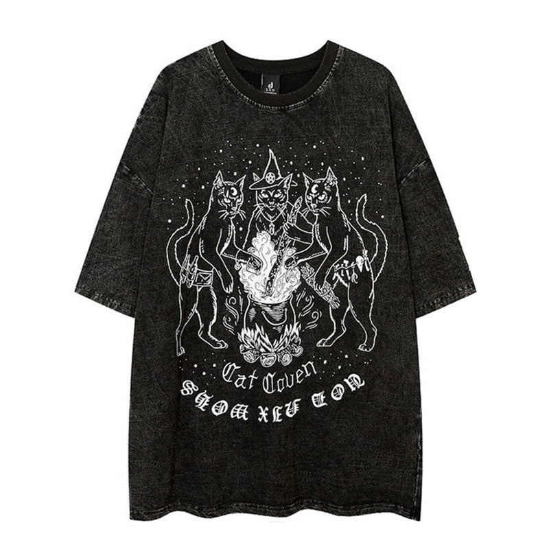 Punk Dull Sandstorm Design Cat Print Short Sleeve T-shirt