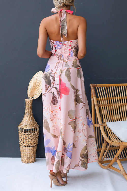 Halter V Neck Lace-up Print Swing Maxi Dress