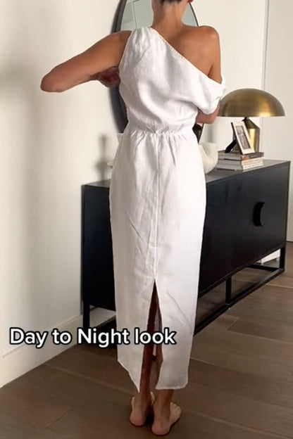 Moxidress Asymmetric Shoulder Back Slit Cotton Linen Maxi Dress
