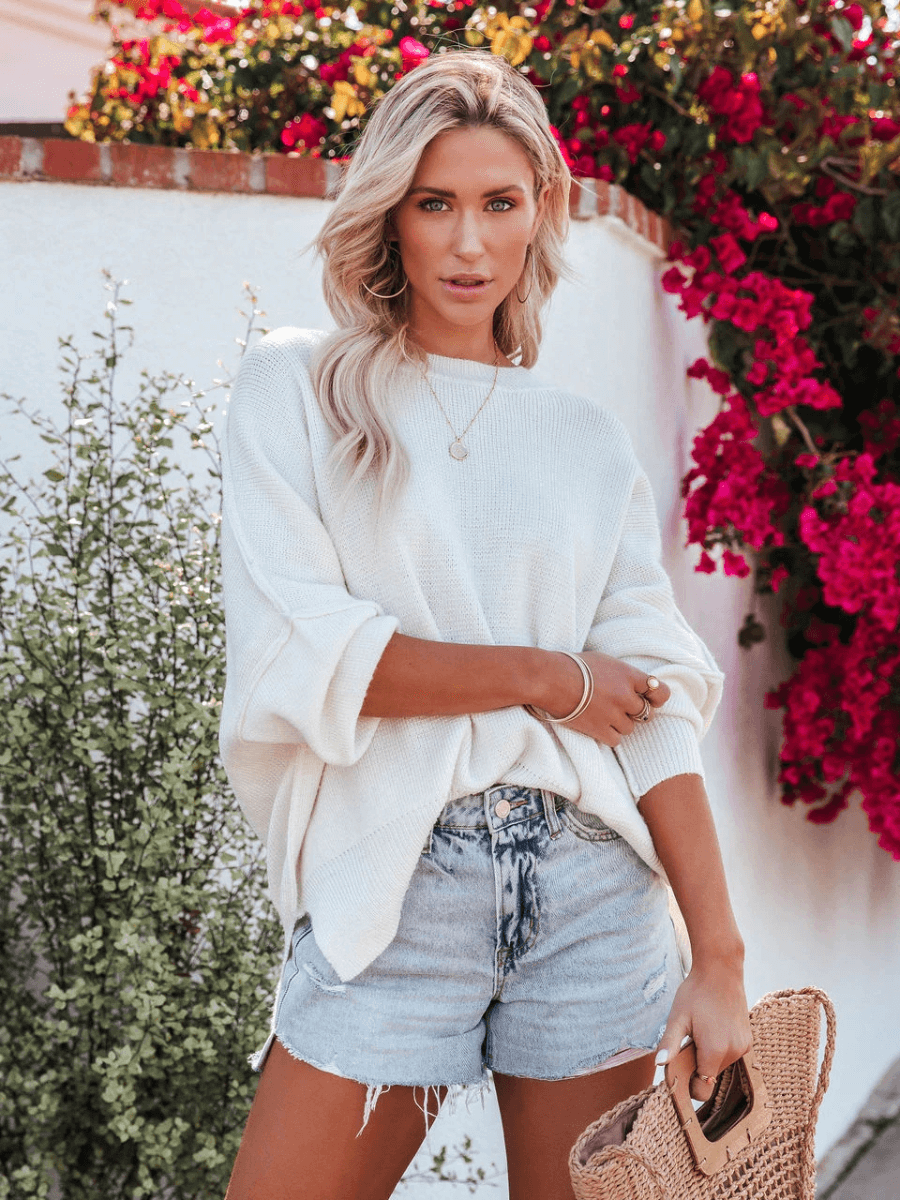 Oversized Batwing Sleeve Knit Sweater - White