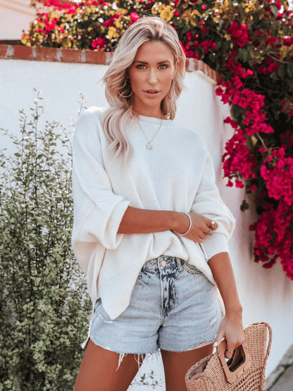 Oversized Batwing Sleeve Knit Sweater - White