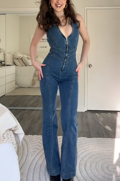 Zip Up Sleeveless Heart Back Bell Bottom Denim Jumpsuit