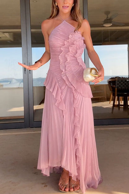 Moxidress Strappy Halter Neck Ruffle Trim Asymmetric Hem Pleated Maxi Dress