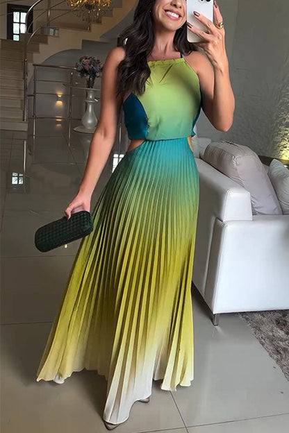 Moxidress Sleeveless Cut Out Back Lace-up Gradient Pleated Maxi Dress