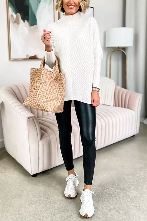 Turtleneck Ribbed Knit Tunic Sweater