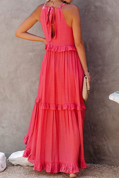Halter Sleeveless Pleated Tiered Maxi Dress