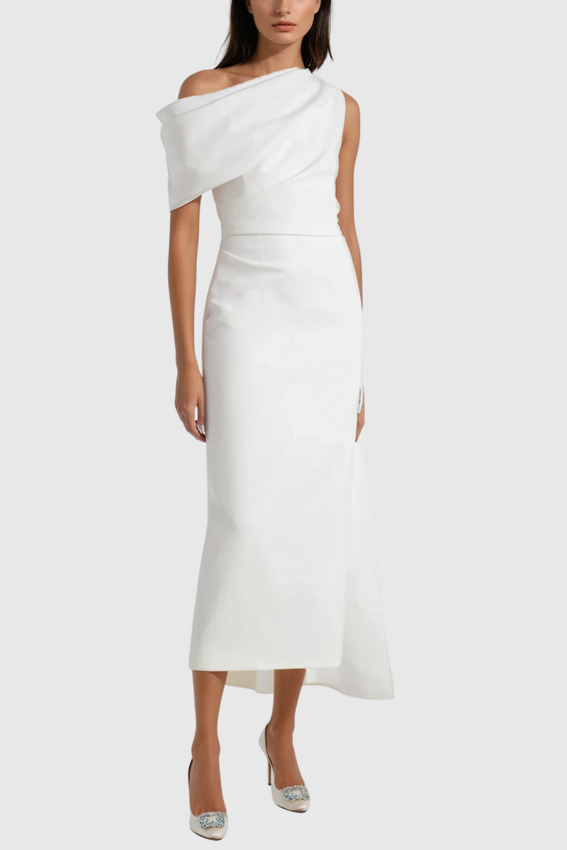 Candidus Shawl Ruch Asymmetric Midi Dress in White