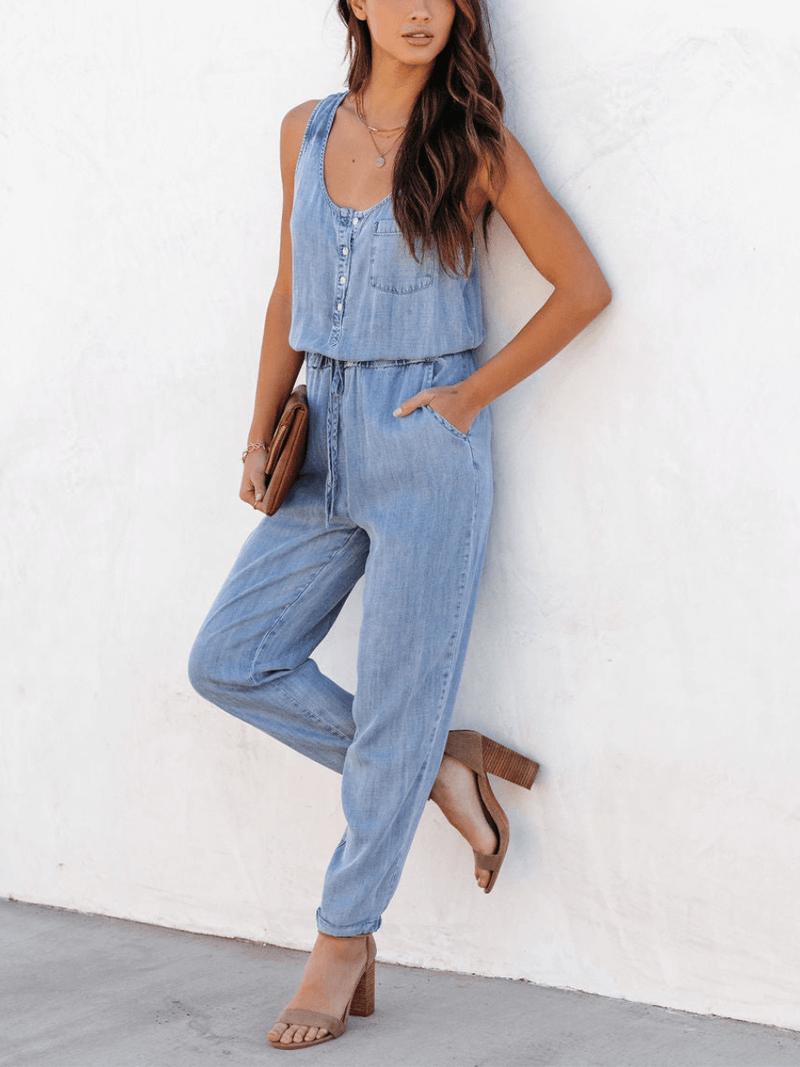 Courtney Pocketed Sleeveless Denim Jumpsuit - Blue