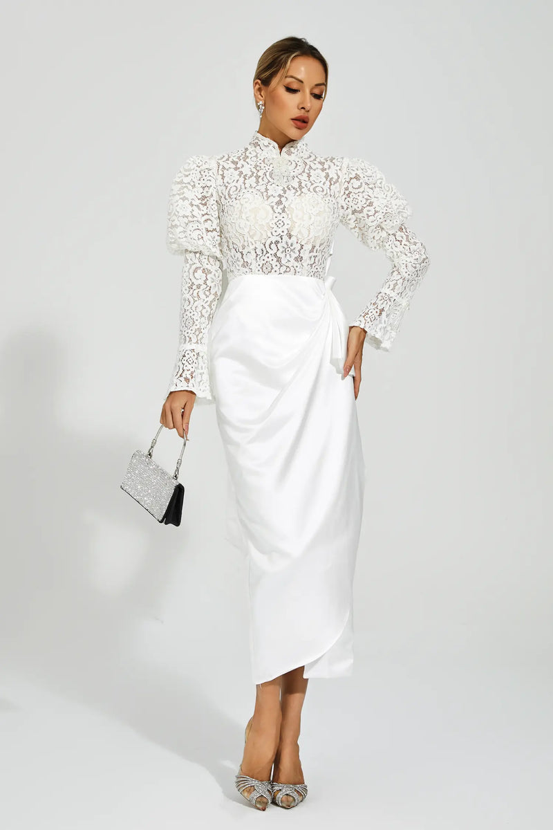Kailey White Lace Bubble Sleeve Midi Dress