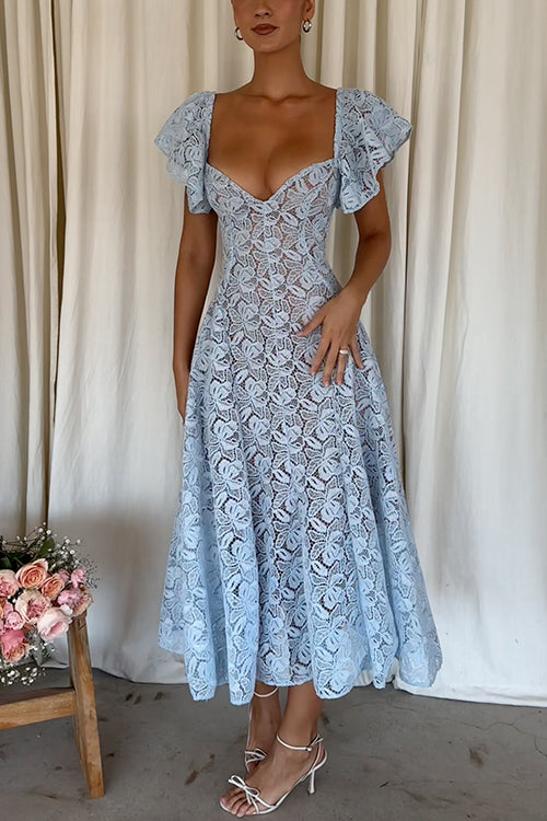 V Neck Flare Sleeves Lace Midi Dress