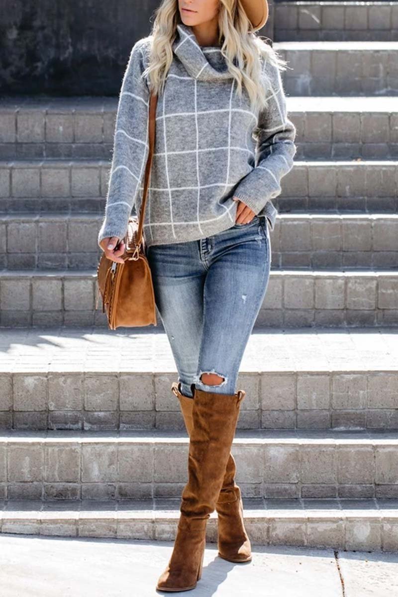 Turtleneck Plaid Sweater(5 Colors)