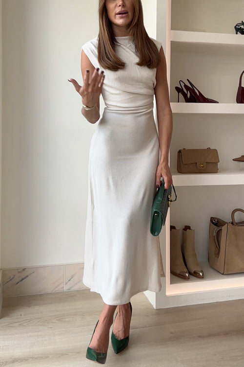 Moxidress Mockneck Sleeveless Side Ruched Midi Dress