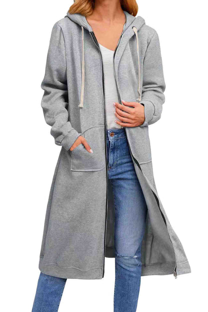 Zip Up Drawstring Hooded Long Cardigan