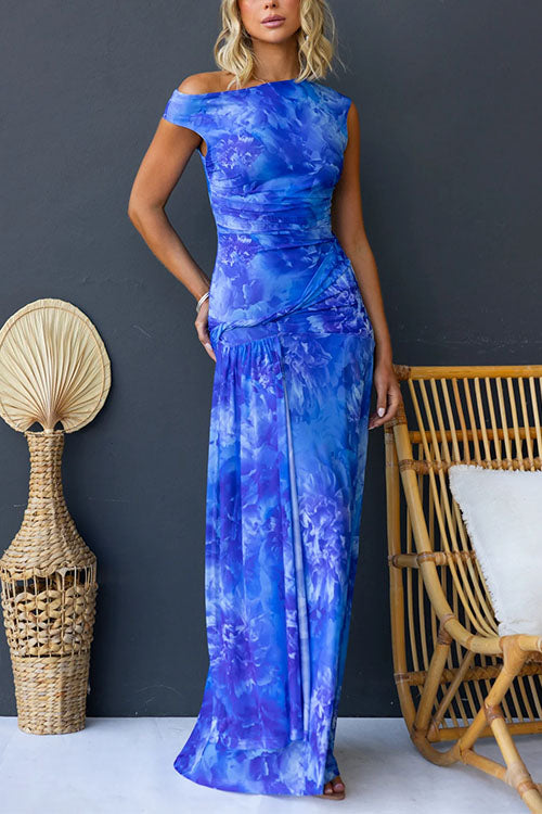 Asymmetric Shoulder Ruched Waist Print Maxi Dress