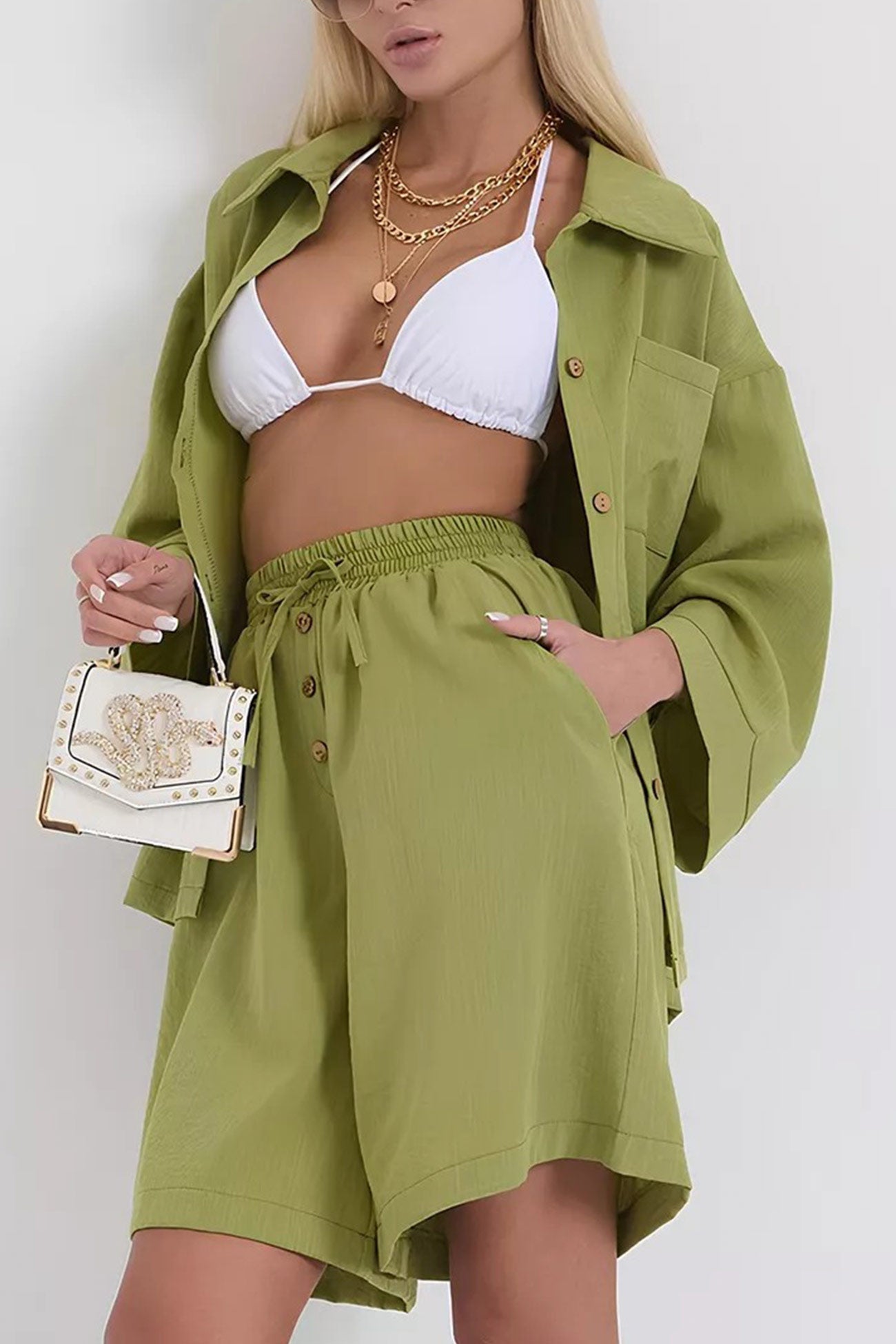 Color Shirt Single-breasted Bermuda Shorts Set
