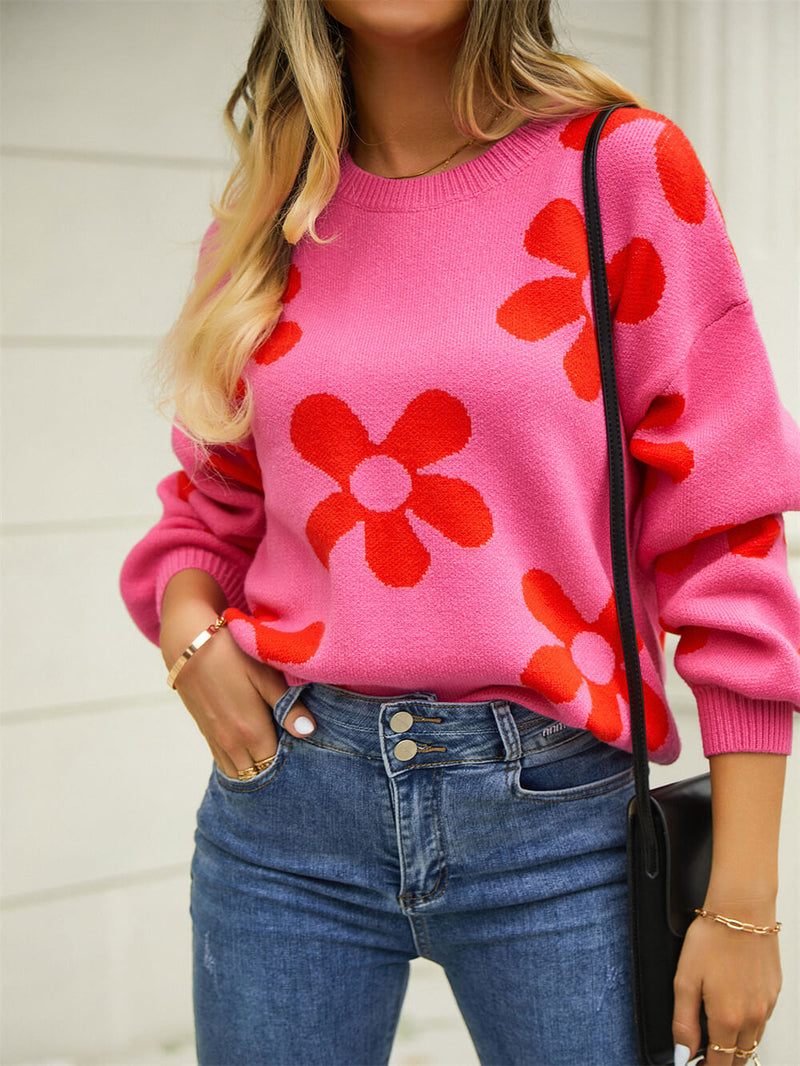 Fall Mega Daisy Pullover Sweater - Pink