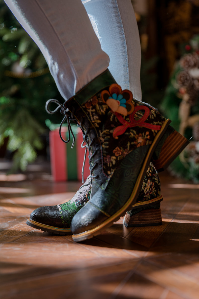 Soffia | Appliqued Lace Up Leather Ankle Boot