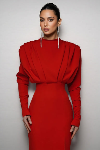 Davina High Neck Slit Maxi Dress-red