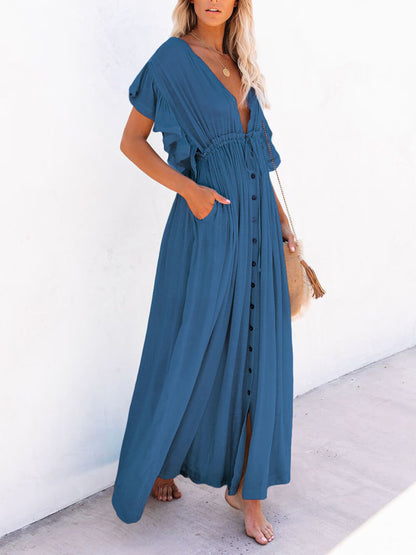 Button Cotton Linen Perfect Beach Maxi Dress