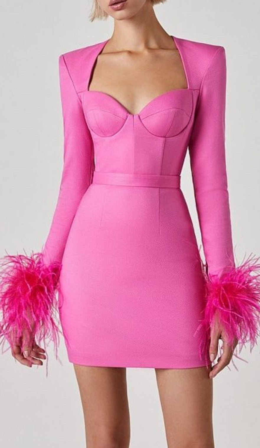 Stretch Long Sleeves Mini Dress in Hyper Pink